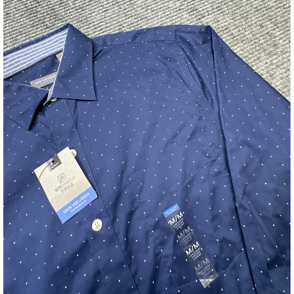 Van Heusen Button Up Mens M Blue Polka Dot Wrinkle Free Slim Fit